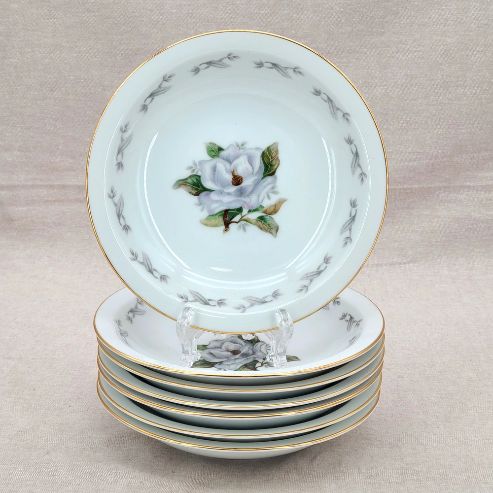 Set of 7 ROSALINDA YAMAKA JAPAN VTG White Flower, Gray Leaves Rim Soup Bowl 7.5"